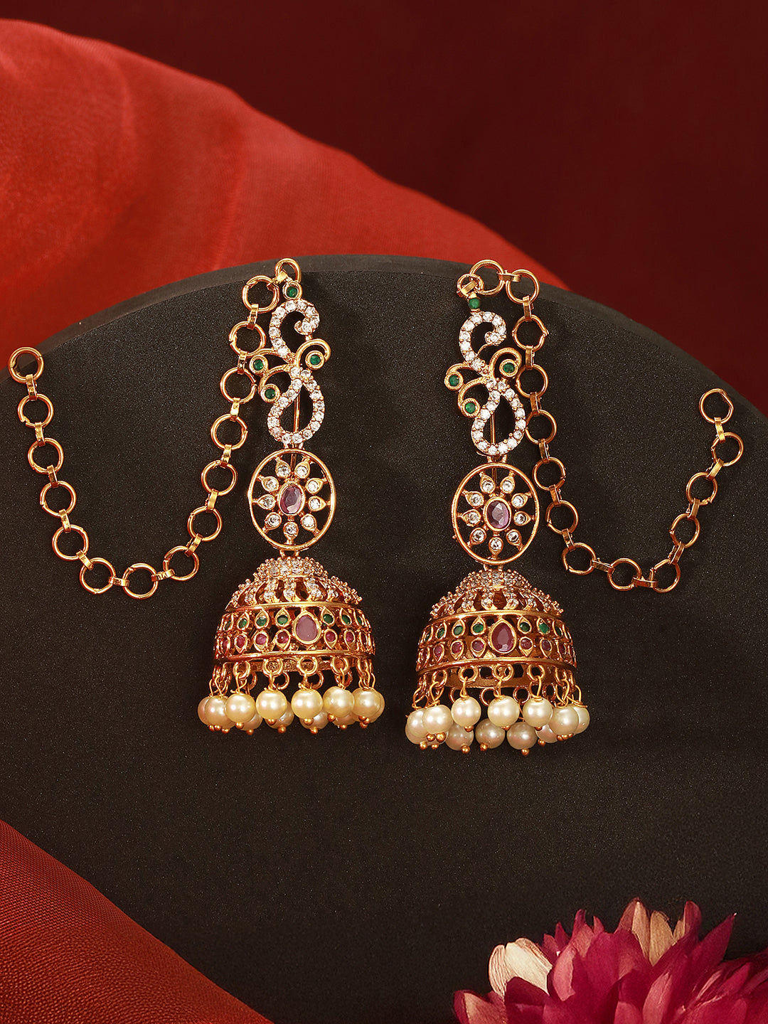 Gold Plated Zircon AD Studded  Red Floral Bridal Matil Earchain  Earrings